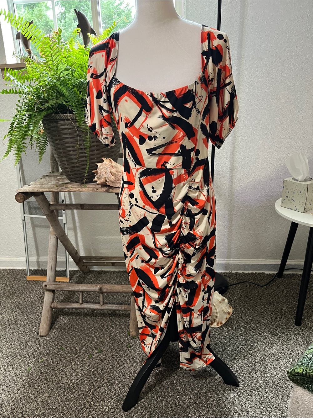 Abstract Ruched Midi Dress in Cream, Black & Orange